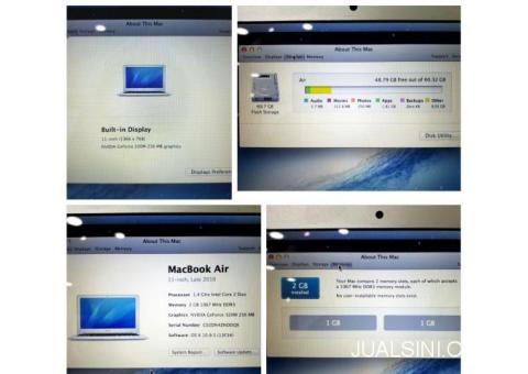 MacBook Air Late 2010 11" A1465 Core 2 Duo 1.4GHz RAM 2GB SSD 64GB