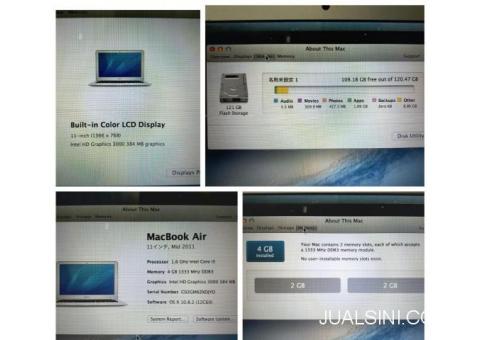 MacBook Air A1370 Mid 2011 11inch Core i5 1.6GHz RAM 4GB SSD 128GB